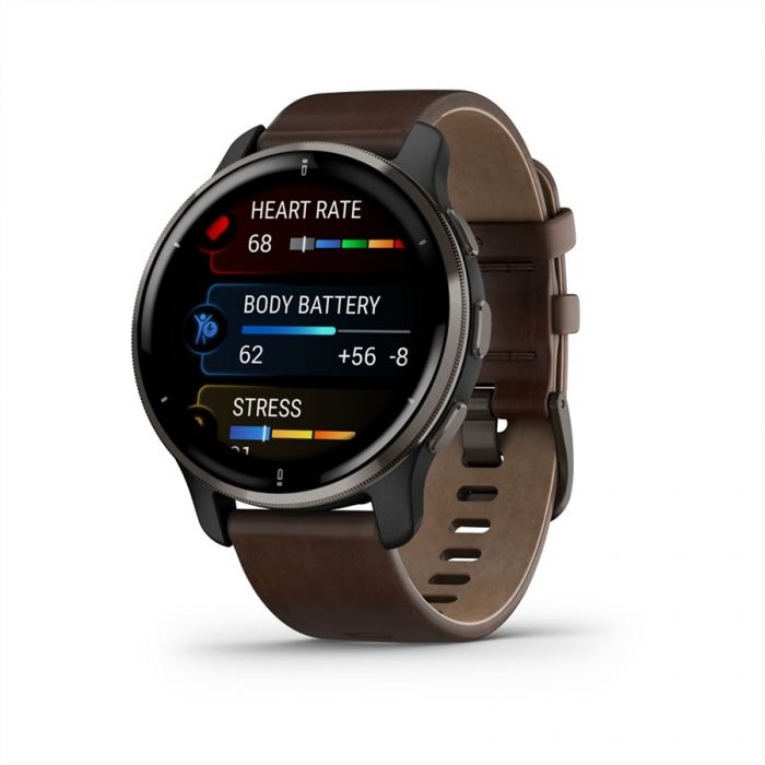 Garmin VENU 2 PLUS FEKETE ÉS SZÜRKE, BŐR SZÍJJAL