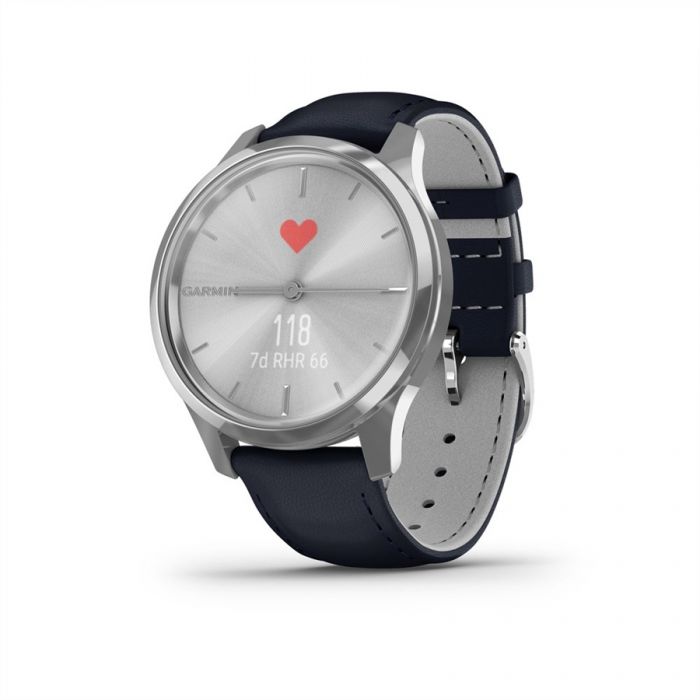 Garmin VÍVOMOVE LUXE MATT EZÜST NAVY KÉK BŐR SZÍJJAL, EZÜST CSATTAL